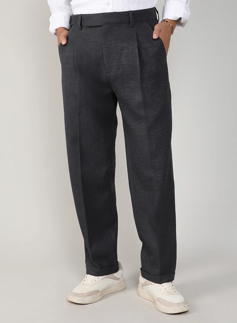 Campus Sutra  Men's Charcoal Black Tailored Linen-Blend Trousers For Casual Wear | Tailored Fit | 4 Pockets | Hook Closure | Trousers Crafted With Comfort Fit For Everyday Wear for Men | Best Price UAE